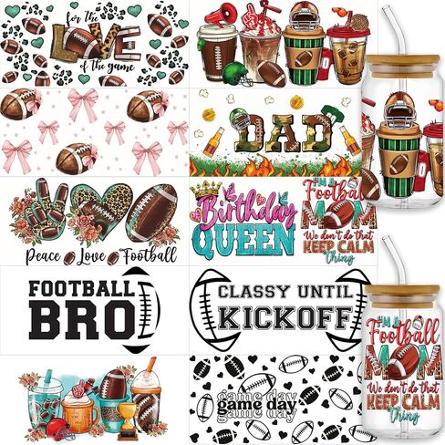 10 ورقات نقل ملفوفة بالأشعة فوق البنفسجية DTF للأكواب، ملصق نقل ملفوف لكرة القدم الأمريكية لكوب زجاجي سعة 16 أونصة، ملصق مشجع لدعم كرة القدم لزجاجات مياه سعة 16 أونصة، طباعة كأس مباراة كرة قدم مقاومة للماء in Saudi Arabia