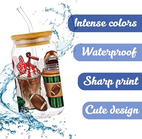 10 ورقات نقل ملفوفة بالأشعة فوق البنفسجية DTF للأكواب، ملصق نقل ملفوف لكرة القدم الأمريكية لكوب زجاجي سعة 16 أونصة، ملصق مشجع لدعم كرة القدم لزجاجات مياه سعة 16 أونصة، طباعة كأس مباراة كرة قدم مقاومة للماء in Saudi Arabia