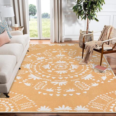 Boho Area Rugs 5x7, Gold Soft Washable Area Rug for Living Room Non-Slip Mustard Yellow Orange Rug Stain Resistant Distressed Orange Carpet for Bedroom, Kitchen, Dining, Office in Saudi Arabia