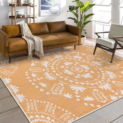 Boho Area Rugs 5x7, Gold Soft Washable Area Rug for Living Room Non-Slip Mustard Yellow Orange Rug Stain Resistant Distressed Orange Carpet for Bedroom, Kitchen, Dining, Office in Saudi Arabia