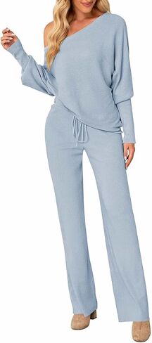 AOHITE Womens 2 Piece Outfits One-Shoulder Knit Pullover Sweaters Top Wide Leg Pants Sets Sweatsuit Tracksuit in Saudi Arabia
