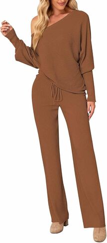 AOHITE Womens 2 Piece Outfits One-Shoulder Knit Pullover Sweaters Top Wide Leg Pants Sets Sweatsuit Tracksuit in Kuwait