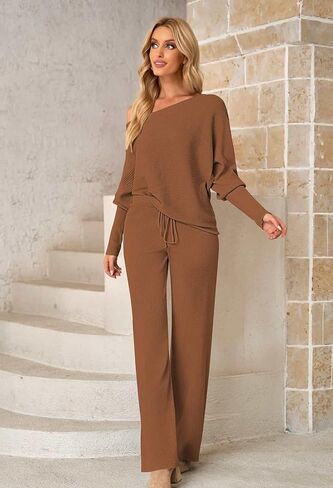 AOHITE Womens 2 Piece Outfits One-Shoulder Knit Pullover Sweaters Top Wide Leg Pants Sets Sweatsuit Tracksuit in Kuwait