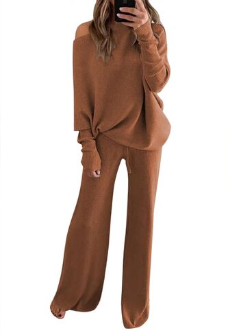 AOHITE Womens 2 Piece Outfits One-Shoulder Knit Pullover Sweaters Top Wide Leg Pants Sets Sweatsuit Tracksuit in Kuwait