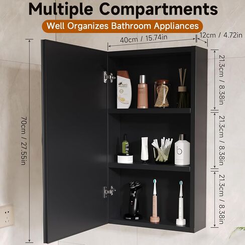 خزانة أدوية الحمام مع باب مرآة 15.7 × 27.5 بوصة خزانة مرآة مثبتة على الحائط خزانة طبية سوداء من الألومنيوم مقاومة للماء ومقاومة للصدأ لغرفة المعيشة وغرفة النوم وغرفة الغسيل in Kuwait