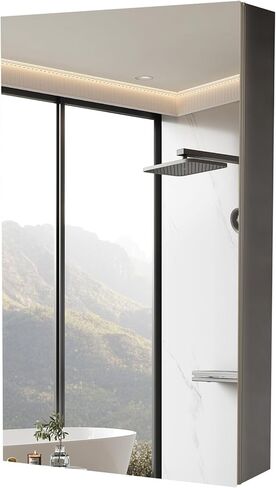 خزانة أدوية الحمام مع باب مرآة 15.7 × 27.5 بوصة خزانة مرآة مثبتة على الحائط خزانة طبية سوداء من الألومنيوم مقاومة للماء ومقاومة للصدأ لغرفة المعيشة وغرفة النوم وغرفة الغسيل in Kuwait