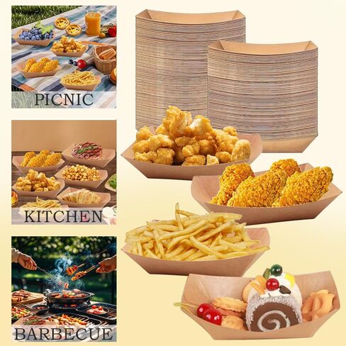 Keweilian 60 Pack 2lb Kraft Paper Food Trays, Heavy-Duty Paper Food Boat Disposable Serving Basket Tray for French Fries Nachos Snack Hot Dog Taco BBQ Popcorn Party Picnic Wedding Party (Brown) in Saudi Arabia