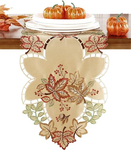 مفرش طاولة GRANDDECO لعيد الشكر مقاس 13X54 مع أوراق القيقب لعشاء الخريف العائلي وديكور المطبخ المنزلي وعيد الميلاد والتجمع (مفرش طاولة 13X54، النمط 1 - بني فاتح) in Kuwait