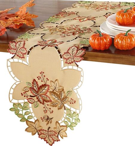 مفرش طاولة GRANDDECO لعيد الشكر مقاس 13X54 مع أوراق القيقب لعشاء الخريف العائلي وديكور المطبخ المنزلي وعيد الميلاد والتجمع (مفرش طاولة 13X54، النمط 1 - بني فاتح) in Kuwait