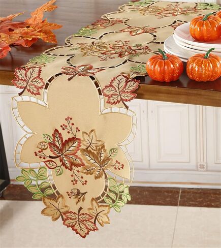 مفرش طاولة GRANDDECO لعيد الشكر مقاس 13X54 مع أوراق القيقب لعشاء الخريف العائلي وديكور المطبخ المنزلي وعيد الميلاد والتجمع (مفرش طاولة 13X54، النمط 1 - بني فاتح) in Kuwait