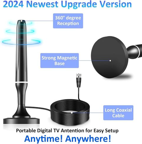 Digital TV Antenna for Smart Tv Indoor, 2024 Newest Digital HDTV Antenna Indoor Outdoor with Strong Magnetic Base, 360°Reception Antena Para Tv, Smart Tv Antenna for Free Local Channels in Saudi Arabia