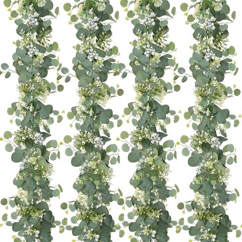KHOYIME Artificial Eucalyptus Garland with Berries 2 Pack 5.9Ft Faux Silver Dollar Eucalyptus Leaves Blueberry Gypsophila Greenery Vines Fake Silk Plants for Wedding Arch Party Table Mantle Home Decor in Saudi Arabia