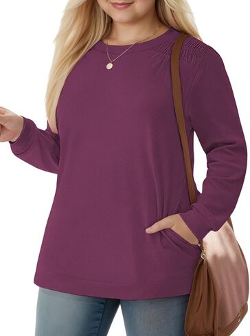 بلوزات نسائية من DOLNINE مقاس كبير مع جيوب وأكتاف مكشكشة وأكمام طويلة قمصان فضفاضة غير رسمية تونيك عصري XL-5XL in Kuwait