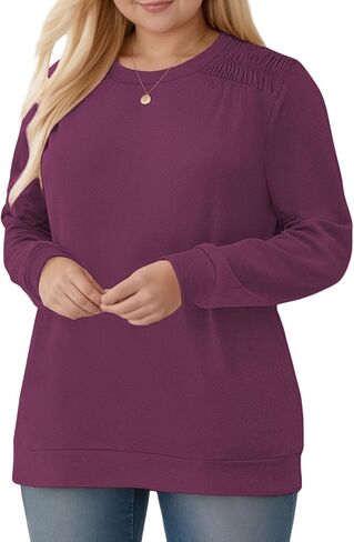 بلوزات نسائية من DOLNINE مقاس كبير مع جيوب وأكتاف مكشكشة وأكمام طويلة قمصان فضفاضة غير رسمية تونيك عصري XL-5XL in Kuwait