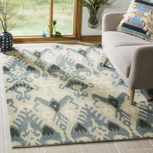 سجادة SAFAVIEH Ikat Collection - 3' x 5'، بيج وأردواز، صوف مصنوع يدويًا، مثالية للمناطق ذات حركة المرور العالية في المدخل، وغرفة المعيشة، وغرفة النوم (IKT216B) in Saudi Arabia
