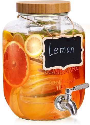 1 Gallon Glass Drink Dispenser with Bamboo Lid, 2 Pack Water Dispenser with Stand, Drink Machine for Lemonade, Iced Drinks, Kombucha Dispenser for Parties, Weddings in Saudi Arabia