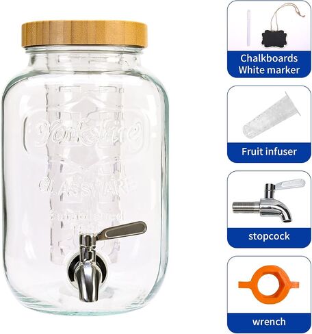 1 Gallon Glass Drink Dispenser with Bamboo Lid, 2 Pack Water Dispenser with Stand, Drink Machine for Lemonade, Iced Drinks, Kombucha Dispenser for Parties, Weddings in Saudi Arabia