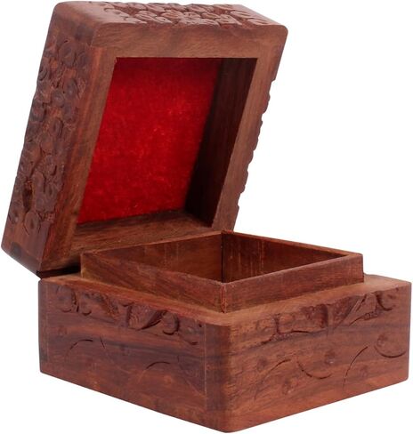 Beautifully Hand Craved Wooden Jewellary Organiser Box, Decorative Floral Design Wood Keepsake Box Multipupose (3x3x2.25 inches) in Saudi Arabia