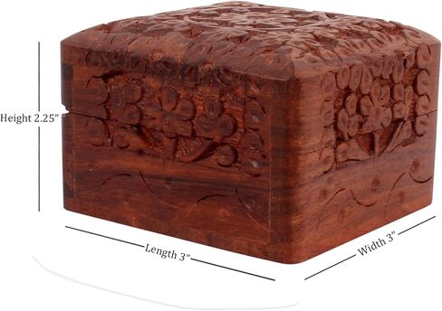 Beautifully Hand Craved Wooden Jewellary Organiser Box, Decorative Floral Design Wood Keepsake Box Multipupose (3x3x2.25 inches) in Saudi Arabia