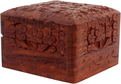 Beautifully Hand Craved Wooden Jewellary Organiser Box, Decorative Floral Design Wood Keepsake Box Multipupose (3x3x2.25 inches) in Saudi Arabia