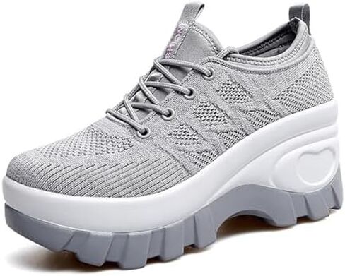 Women's Chunky Platform Comfort Orthopedic Wedge Walking Shoes Fashion Knitted Breathable Lace Up Lug Sole Casual Non-Slip Running Shoes with Arch Support in Saudi Arabia