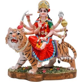 alikiki Indian God Durga Idol – 8.5" Hindu Goddess Durga on Tiger Statue India Murti Home Office Temple Mandir Altar Pooja Item Diwali Gift for Indian People Deepavali Puja Decoration
