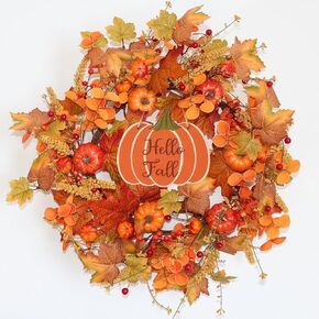 J'FLORU Artificial Fall Wreath 22 Inch Autumn Wreaths for Front Door Orange Daisy Wreath with Wildflowers Berries for Indoor Outdoor Wall Farmhouse Thanksgiving Day Harvest Festival Celebration