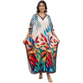 Women's Kaftan Dress Short Sleeve Beach Cover Up Print Plus Size V-Neck Caftan Loose Long Maxi Dress