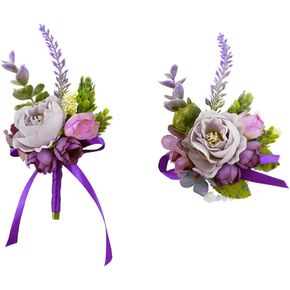 Purple Corsage and Boutonniere Set for Wedding Prom, Artificial Rose Flower Wrist Corsage Bracelets, Homecoming Corsage Wristlet, Boutonniere for Men Wedding Suit Decorations