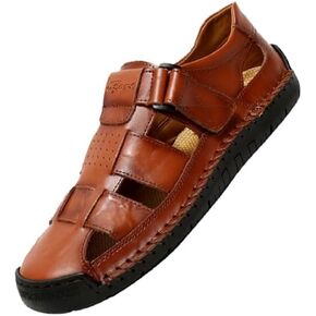 Men'S Genuine Leather Hollow out Flat Fisherman Sandals Closed Anti-Collision Toe Head Adjustable Hook loop Soft Bottom Hand Stitching Beach Sandals Comfort Anti-Slip Wading Sandals in Kuwait