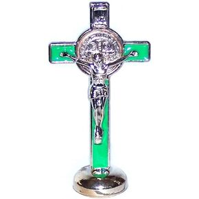 Holy Land Market Saint Benedict Small Crucifix with Sticker for Car or Table (3 inches) (White)