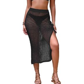 Bsubseach Womens Swimsuit Crochet Skirt Cover Up Knit Drawstring Bikini Wrap Swimwear Side Slit Maxi Beach Skirts