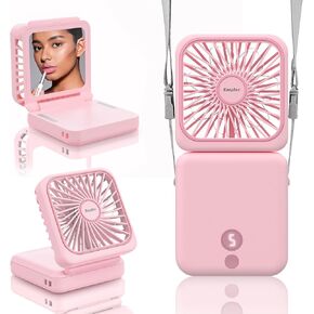 EasyAcc Rechargeable Portable Hands Free Fan, Mini Makeup Fan [32H Max Cooling Time] 5000mAh/5 Speed/Mirror/Phone Stand/Backup Power/Digital Display/Neck Lanyard Battery Hand Fan for Travel - Pink