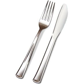 200 Silver Plastic Cutlery Premium Quality Fancy Disposable Polished, 100 Forks & 100 Knives Heavy Duty Flatware Utensils for Parties, Weddings, and Catering (Silver)