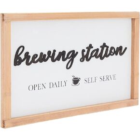 Wooden Brewing Station Sign with Hooks, Farmhouse Coffee Bar Decor (16 x 9 In)