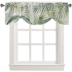 Tie-up Valance Curtains Tropical Green Leaf Palm Leave Jungle Summer Hawaiian Nature Scene Window Valance for Living Room Semi Sheer Short Kitchen Valance with Adjustable Ties Window Curtain 42"x12"