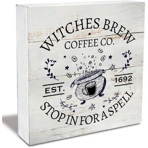 Rustic Witches Brew Coffee Wood Box Sign Fall Coffee Wooden Box Sign Halloween Sign Farmhouse Home Desk Shelf Decor (5 X 5 Inch)