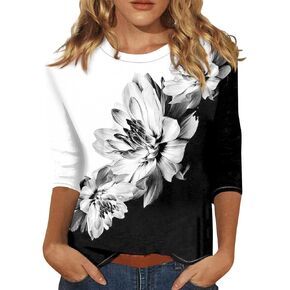 HTHLVMD Womens 3/4 Sleeve Fall Fashion Tops 2024 Oversized Causal Crewneck Print Shirts for Women 2024