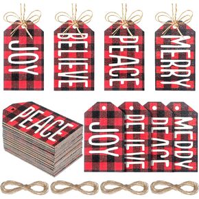 Wooden Tag Labels Christmas Wishes Tree Ornament Plaid Printed Wood Hanging Ornament Buffalo Wood Plaid Hanging Tag Merry Peace Joy Hanging Tag with Ropes for Xmas Tree Decor (White, 60 Pcs)