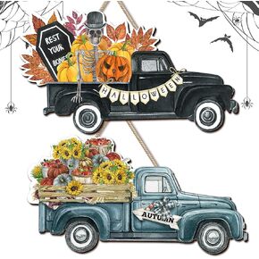 2 Pack Hello Fall Door Sign Pumpkin Truck Wooden Sign Thanksgiving Maple Leaves Door Decor Welcome Sign for Front Door Truck Wooden Hanging Decorations for Farmhouse Porch Decor (Hello Fall)