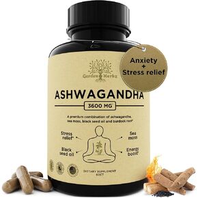 Organic Ashwagandha Root & Irish Sea Moss – 3,600 mg Ashwagandha Supplement with Black Seed Oil, & Burdock Root – Herbal Supplement for Energy, Calm, Mood, & Wellness, 120 Caps