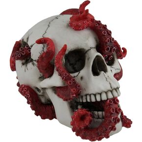 Veronese Design The Abyss Lurks Within Red Octopus Inhabiting a Human Skull Statue