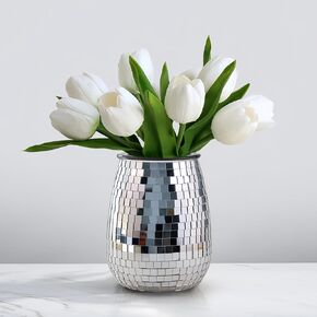 Disco Ball Vase for Flower,Disco Vase,Mosaic Vase,Mirror Vase,Silver Glitter Glass Disco Ball Planter,Modern Disco Decor Vase for Home Table Centerpieces,Party,Wedding,Living Room,6 * 6 * 7IN