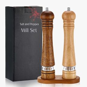Salt and Pepper Grinder Set with Wooden Standing Tray,2 Pcs of 10 inch Refillable Manual Oak Wood Mills Shakers with Adjustable Ceramic Core and Acrylic Window for Peppercorn, Salt or Spice