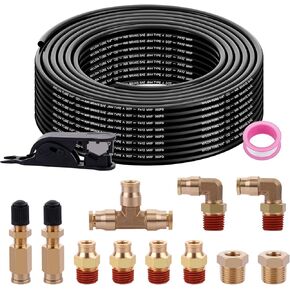 50FT 1/4 Air Hose Brass Fittings Kit 11pcs 1/4" OD Quick Push to Connect DOT Brass Fittings 1/4 SAE J844 PA12 Nylon Air Line Tubing with Cutter for Air Suspension Kit Truck Trailer Brake System