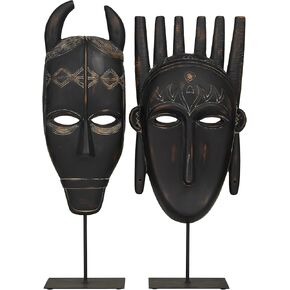 Deco 79 Polystone Mask Handmade Decorative Sculpture Carved Home Decor Statues, Set of 2 Accent Figurines 20", 19" H, Black