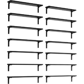 Wallniture Nola 24 inch Rustic Floating Shelves for Wall with 4'' Brackets, Wall Bookshelf for Living Room, Floating Wall Shelf for Kitchen Storage, Set of 14, Black, Wood
