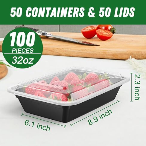 50 Pack (100-Piece) 28 oz Meal Prep Containers Reusable with Lids, Sturdy Leakproof & Food Safe, Microwave, Freezer, Dishwasher Safe Food Prep Containers, To Go Take Out Plastic Food Storage in Saudi Arabia