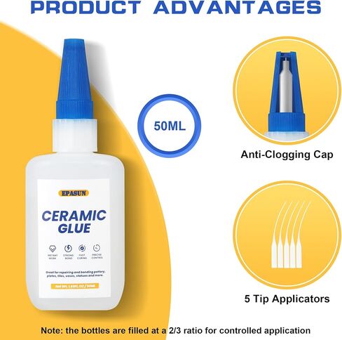 50g X2 Ceramic Glue, Ceramic Super Glue for Pottery and Porcelain Repair with Anti-clog Cap, Quick Dry Waterproof Strong Adhesive Glue for Pottery, Glass, Wood, Metal, Plastic, DIY Craft in Saudi Arabia