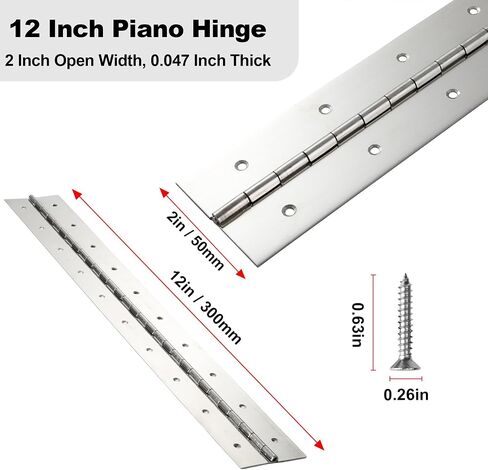2 Pack Heavy Duty Piano Hinge 12 Inch x 2 Inch Width, 0.047'' Thick Stainless Steel Continuous & Piano Hinge for Cabinet, Door, Toolbox, Wooden Box, Metal Plate, Furniture, Industrial Project in Kuwait